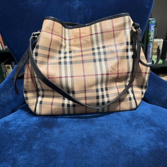 Burberry Handbags - Burberry Black Leather and Beige Haymarket Check Coated Canvas Canterbury